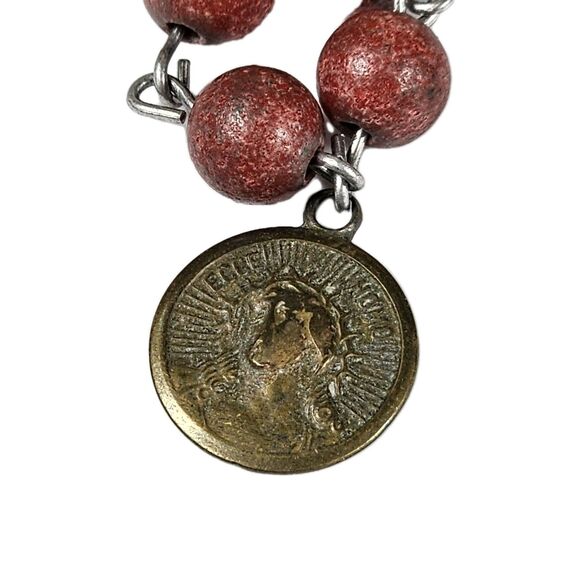 Catholic Rosary Bracelet Red Beads Silver Tone Crucifix & Virgin Mary Medal VTG - Picture 10 of 10